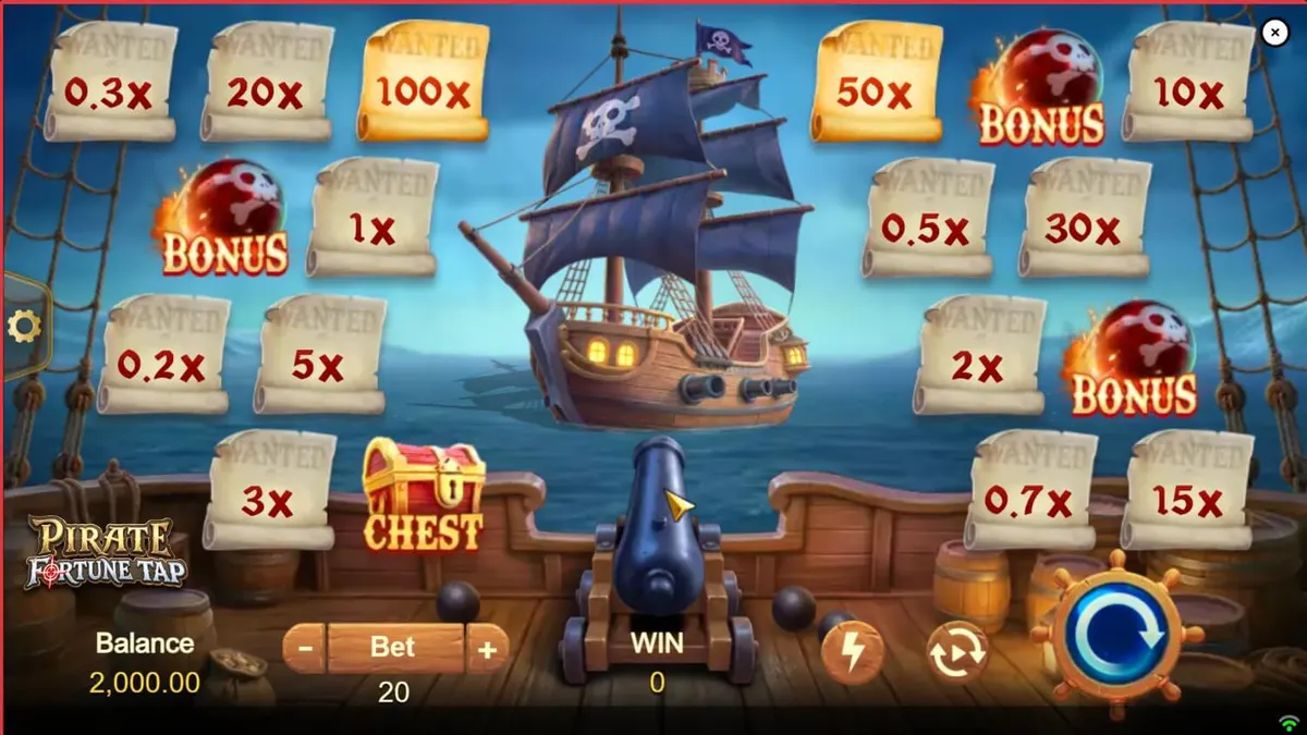 Tampilan gameplay Pirate Fortune Tap dengan kapal bajak laut, meriam, dan target mengambang di lautan.